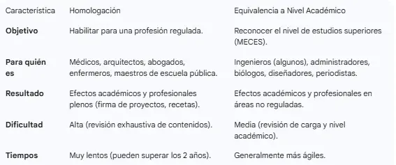 Comparativa sobre homologación y equivalencia