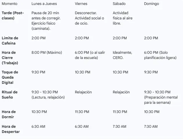 Plan semanal orientativo de higiene del sueño