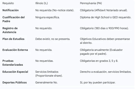 Tabla comparativa Illinois y Pennsylvania